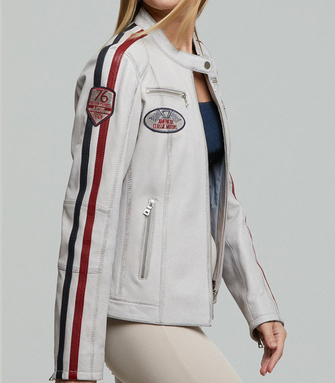 Lady White Racer Leather Jacket For Women