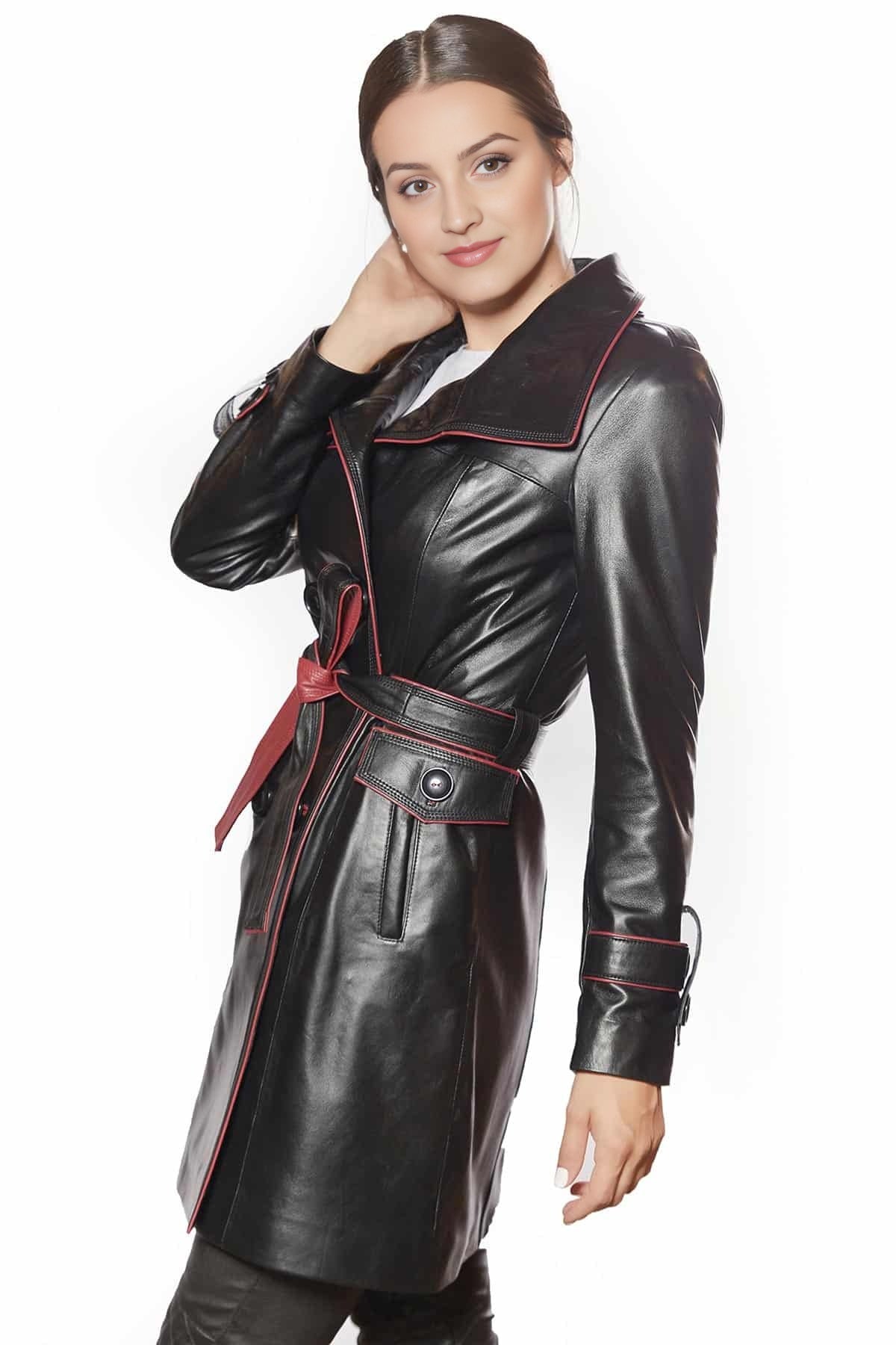 Liliana Black Stylish Red LIning Leather Coat For Women