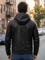 Winston Black Hooded Leather Jacket For Men