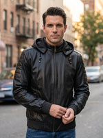 Winston Black Hooded Leather Jacket For Men