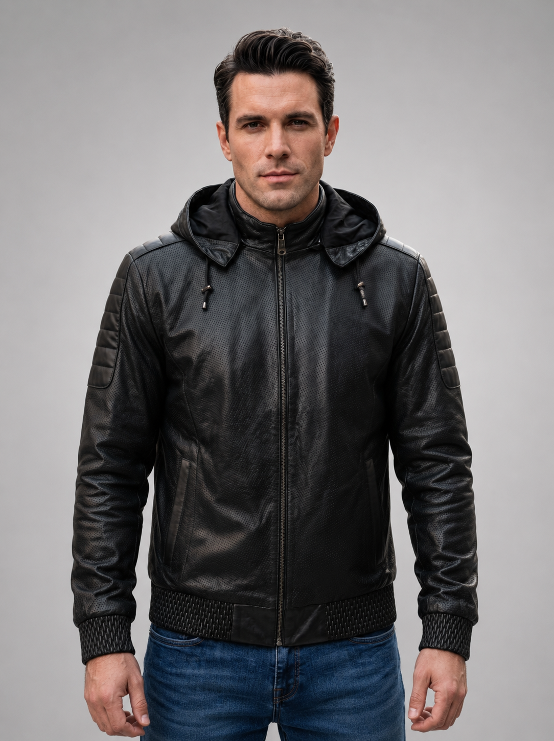 Winston Black Hooded Leather Jacket For Men