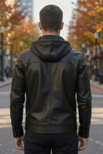 Winter Black Hoodie Leather Jacket For Men