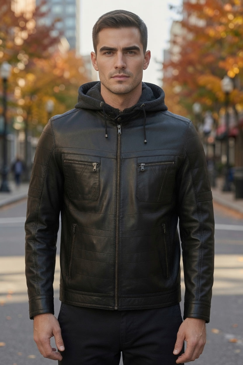 Winter Black Hoodie Leather Jacket For Men