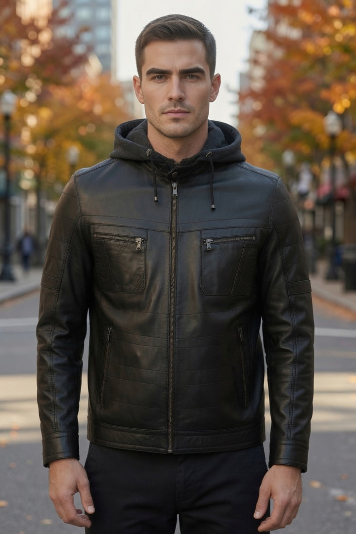 Winter Black Hoodie Leather Jacket For Men