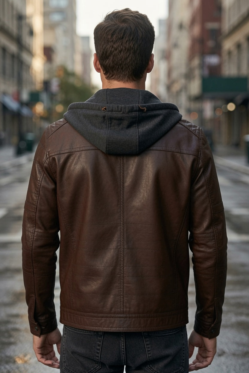 Winter Brown Leather hoodie Jacket For Men