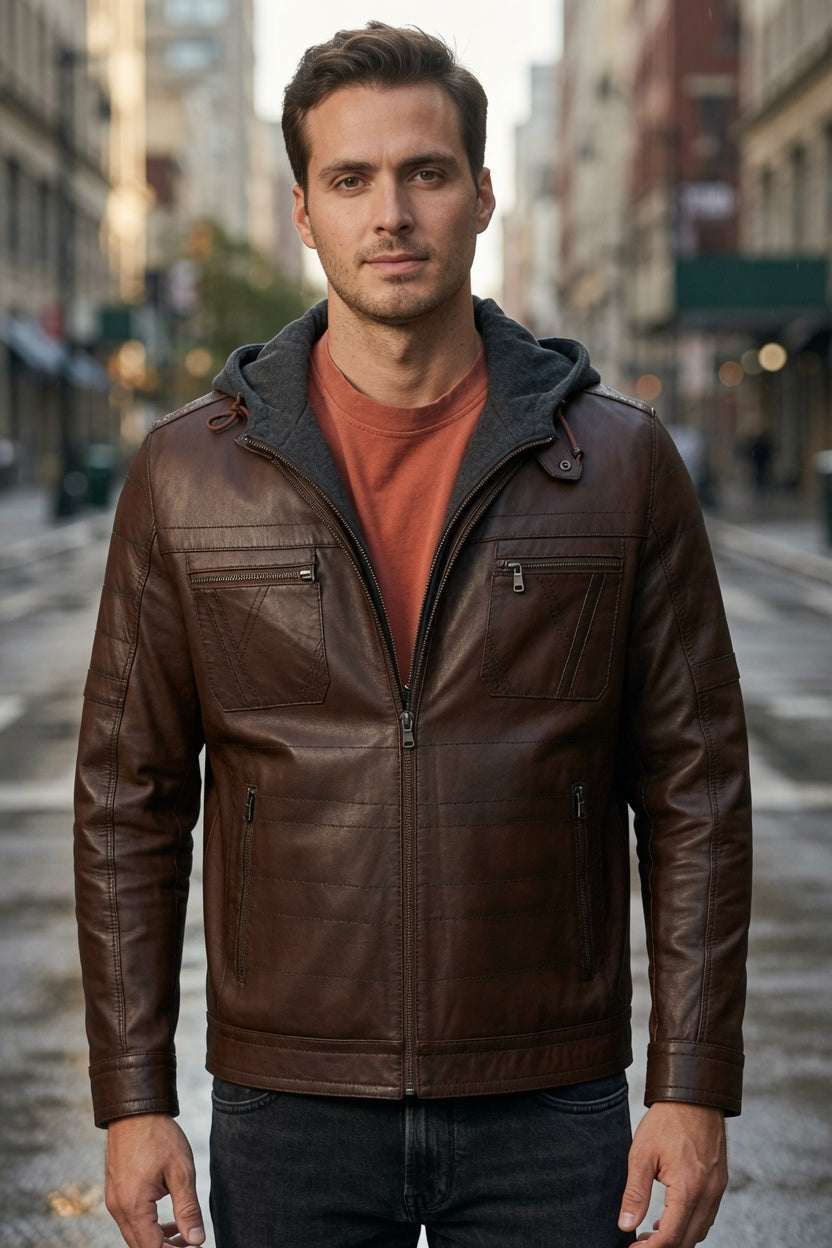 Winter Brown Leather hoodie Jacket For Men