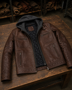 Winter Brown Leather hoodie Jacket For Men