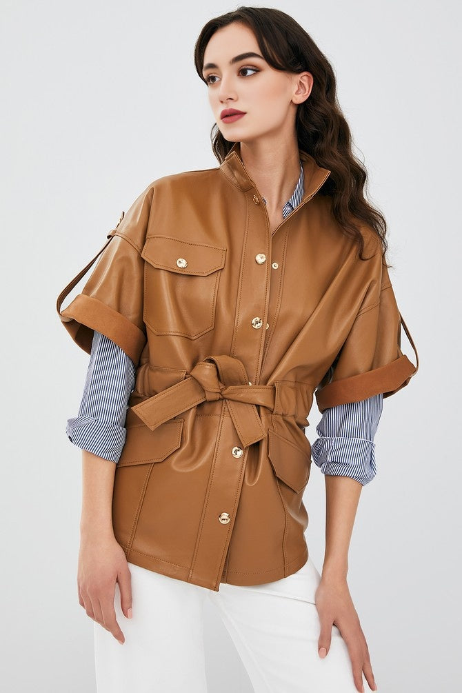 Brown Goldy Leather Jacket For Women's