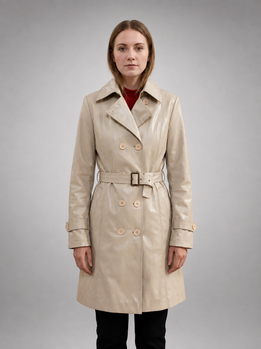 Women White High Collar Leather Coat