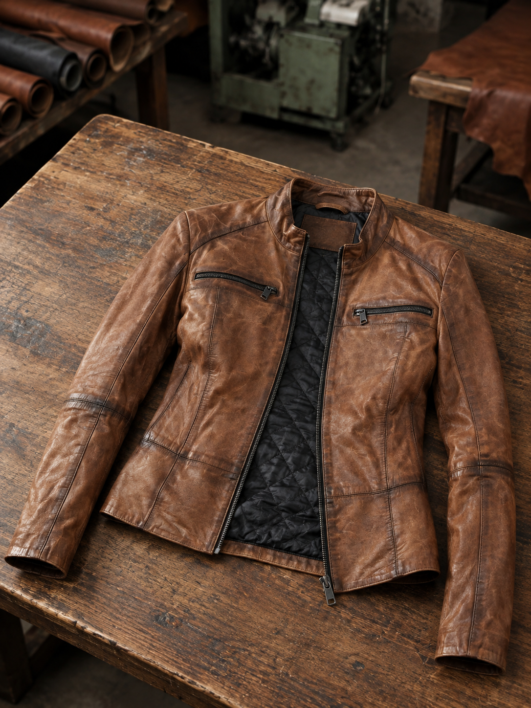 Women Amber Cafe Rccer Brown Leather Jacket