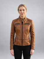 Women Amber Cafe Rccer Brown Leather Jacket
