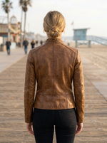 Women Amber Cafe Rccer Brown Leather Jacket