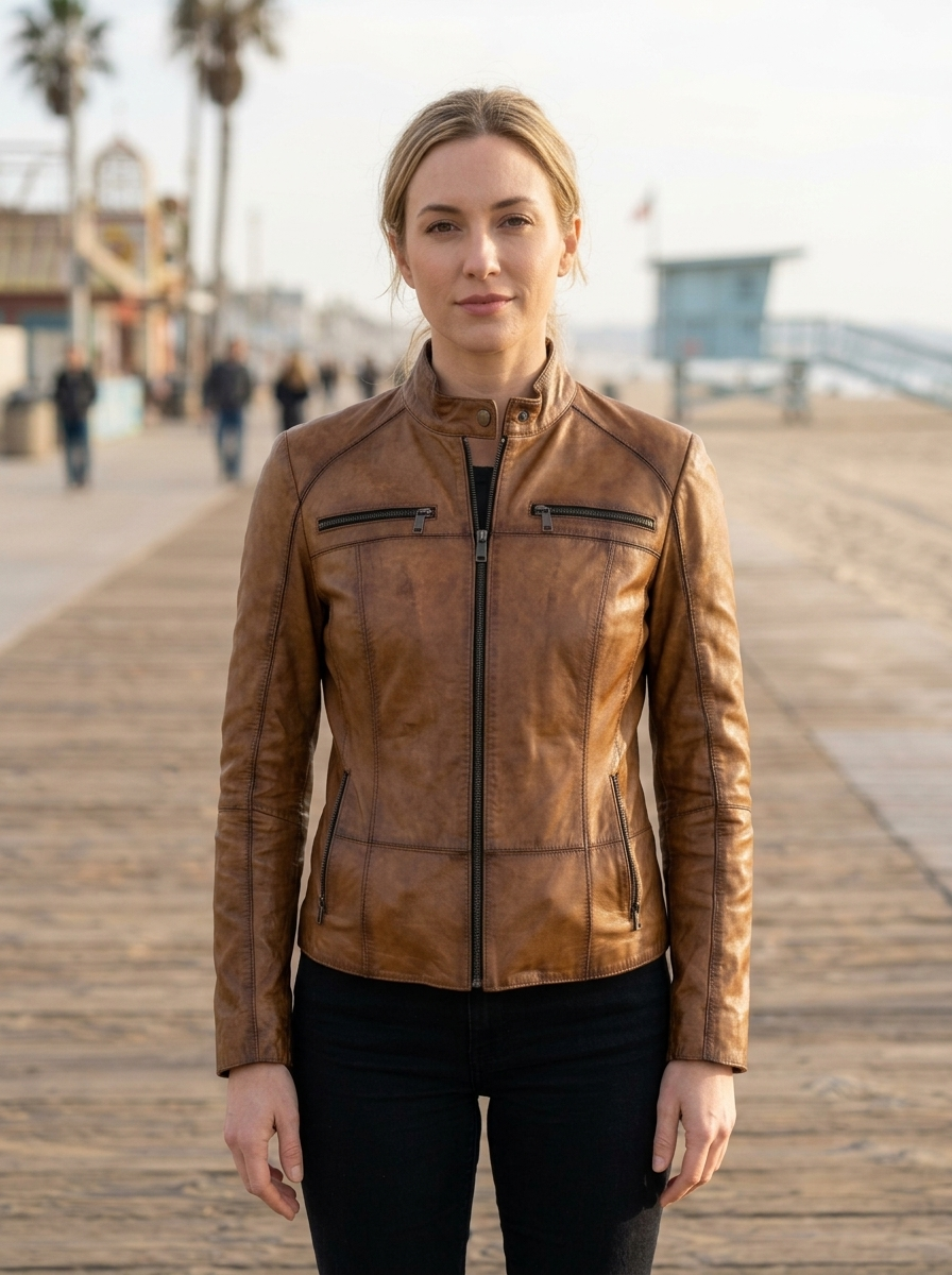 Women Amber Cafe Rccer Brown Leather Jacket