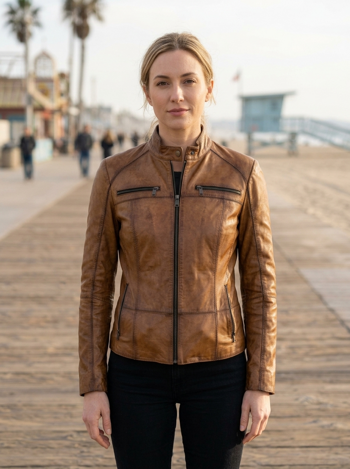 Women Amber Cafe Rccer Brown Leather Jacket