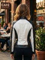 Women Black And White Motor Biker Leather Jacket