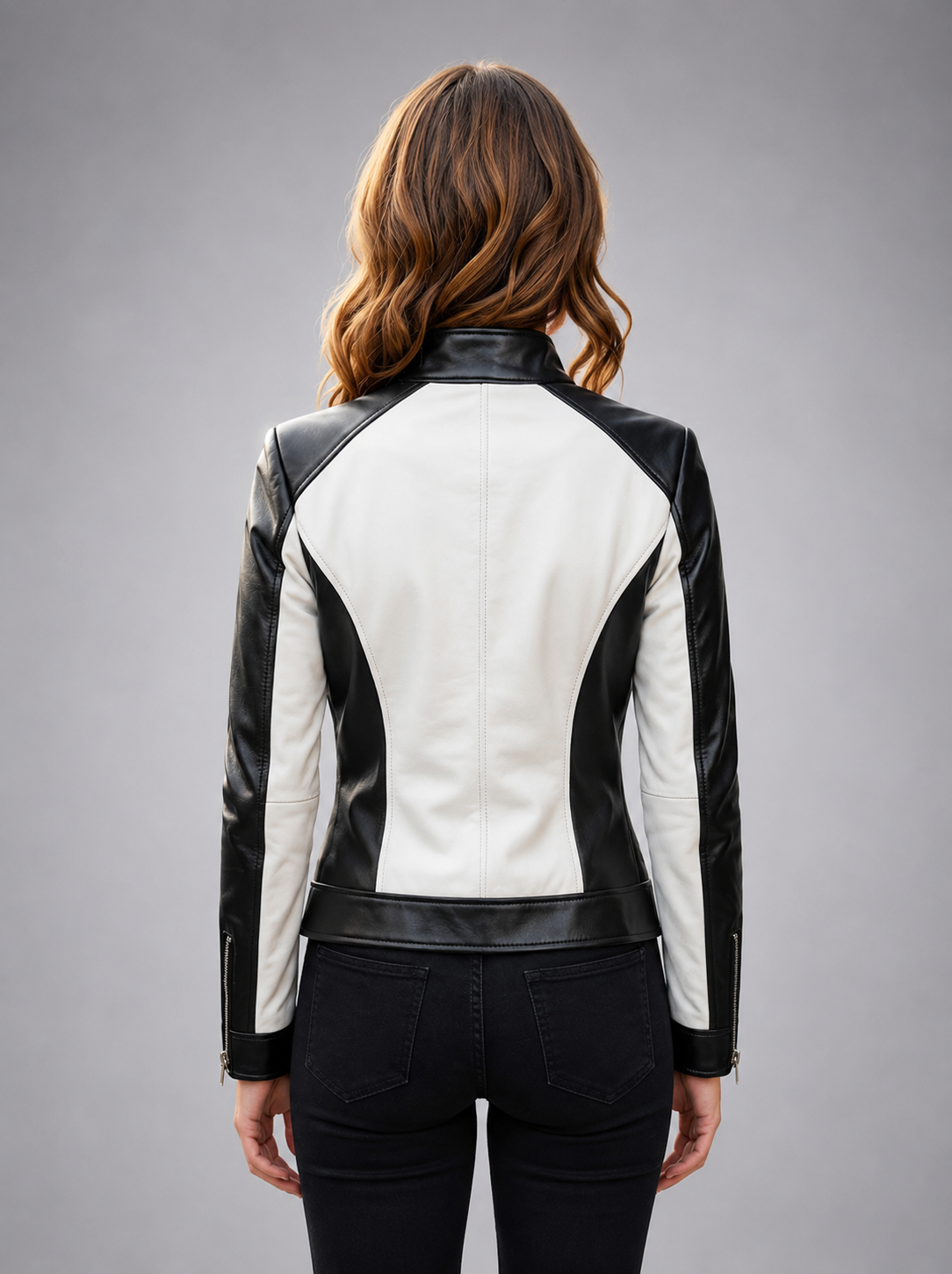 Women Black And White Motor Biker Leather Jacket