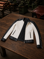 Women Black And White Motor Biker Leather Jacket