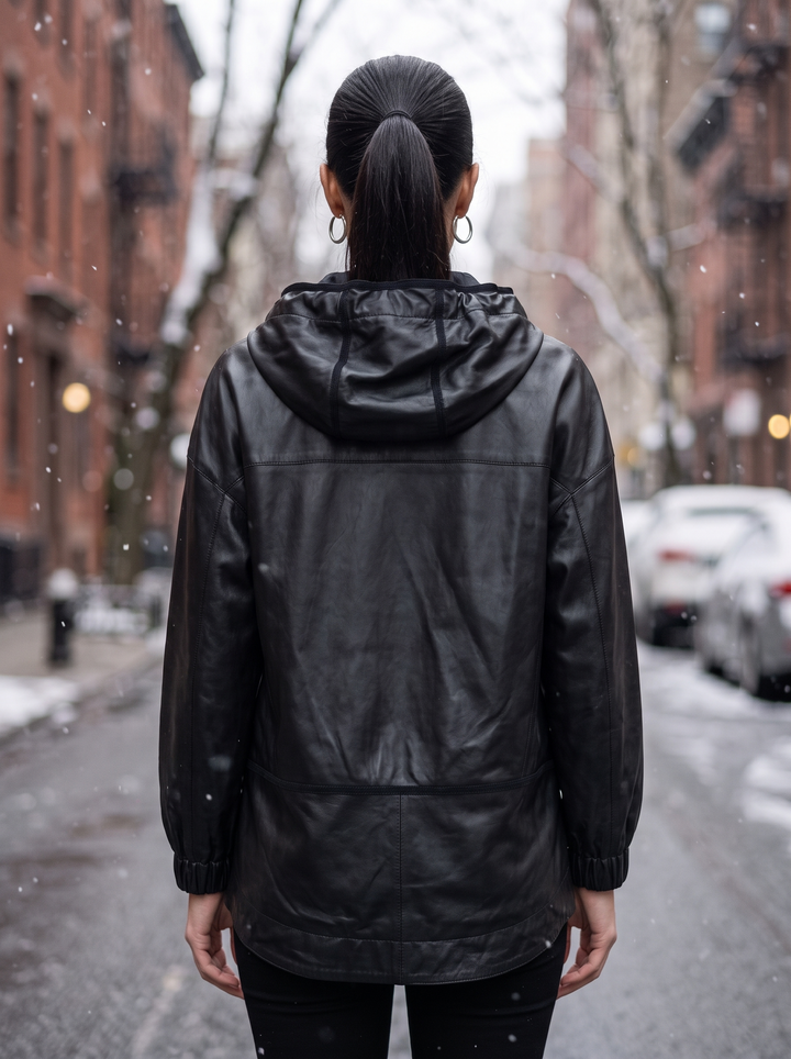 Women Black Leather Jacket With Hoodie