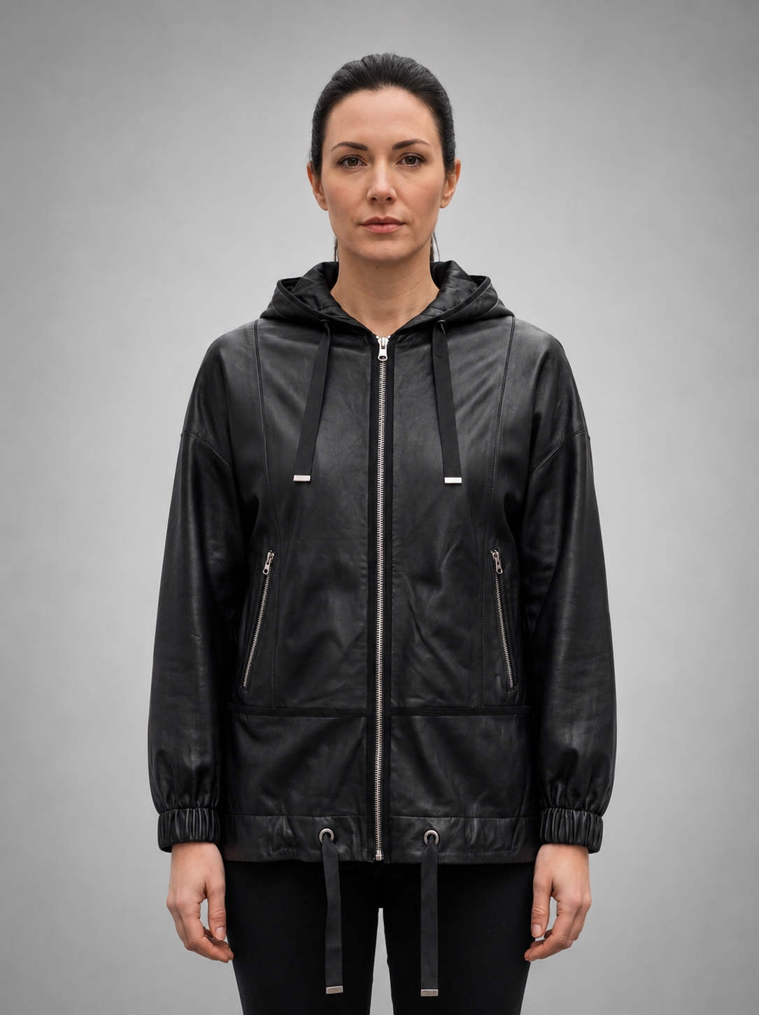 Women Black Leather Jacket With Hoodie