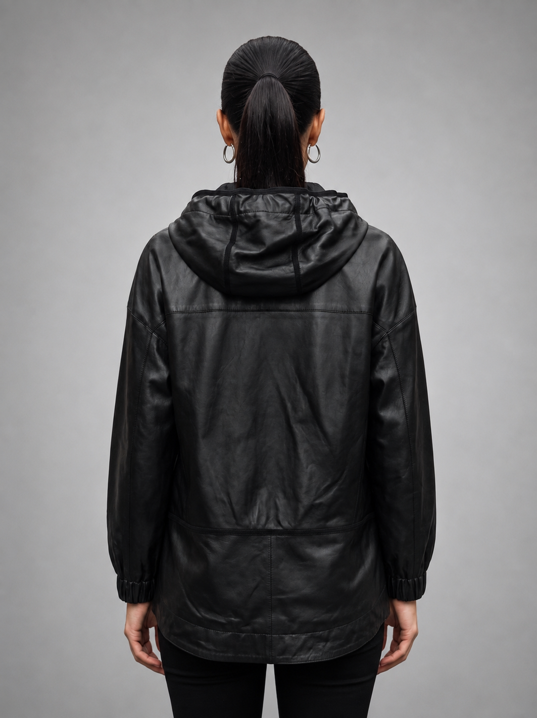 Women Black Leather Jacket With Hoodie