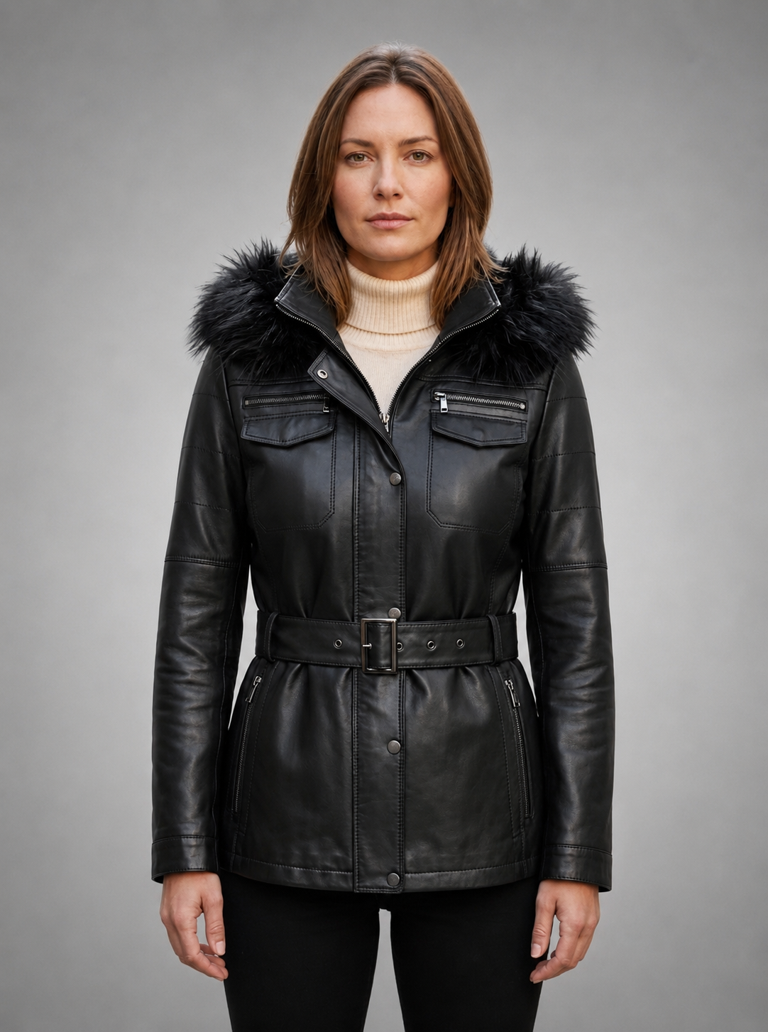 Women Black Leather Jacket With Stylish Hood