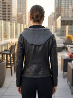 Women Black Leather Jacket With Zip Hood