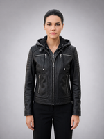 Women Black Leather Jacket With Zip Hood