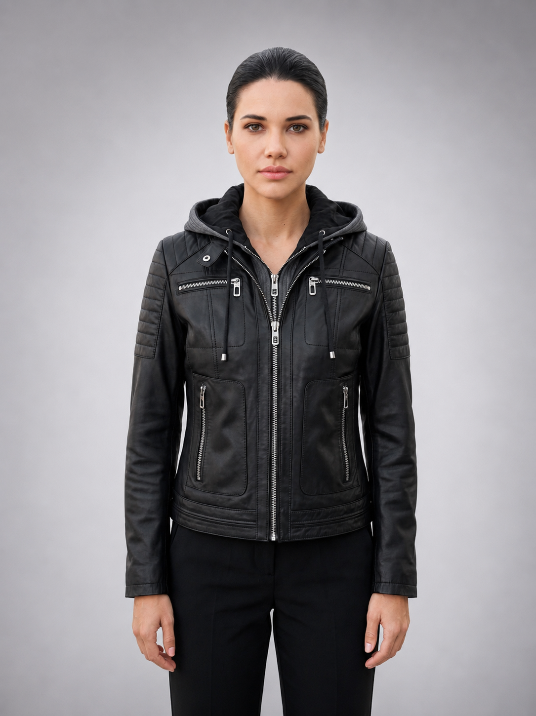 Women Black Leather Jacket With Zip Hood
