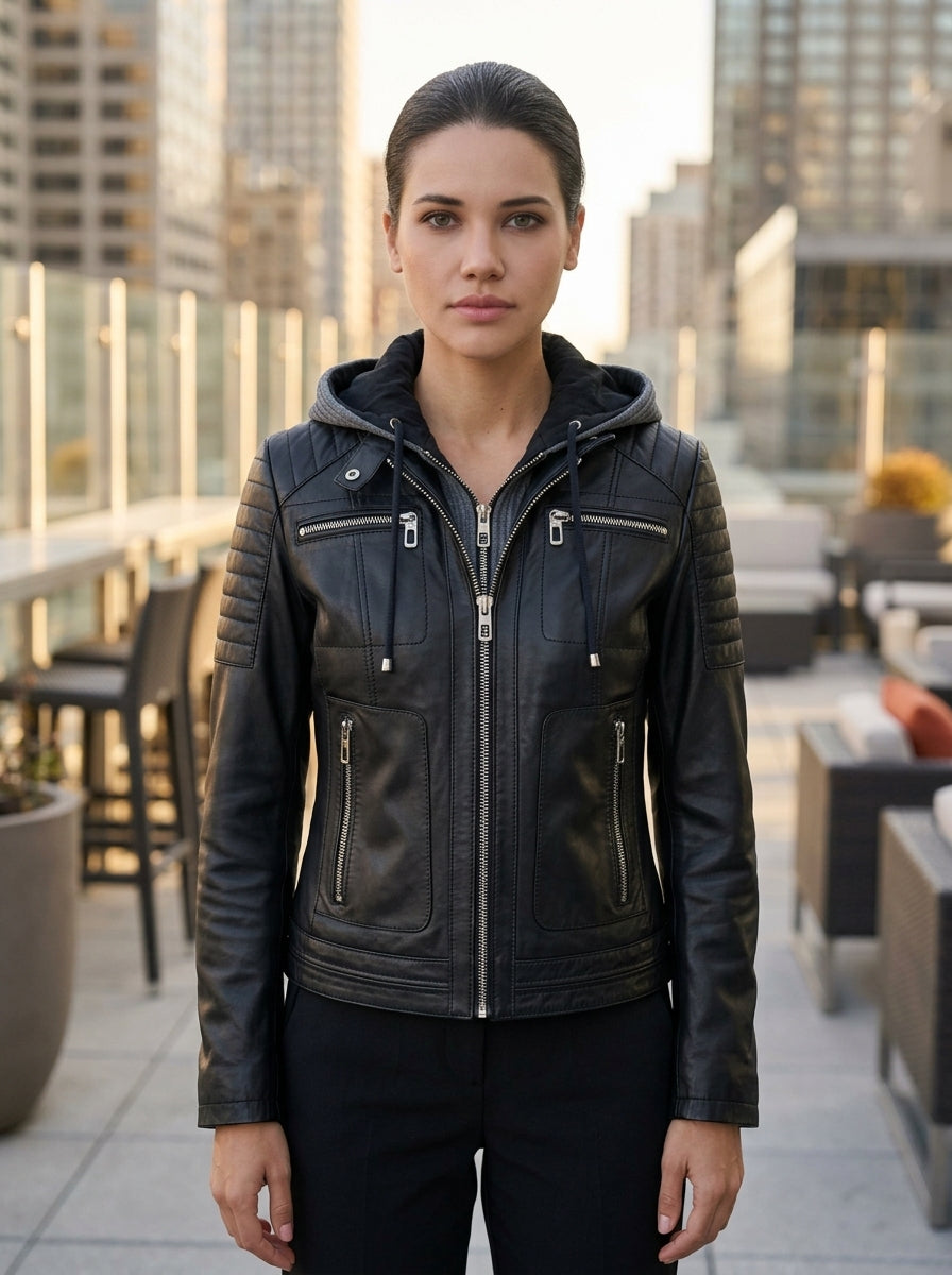 Women Black Leather Jacket With Zip Hood