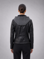 Women Black Leather Jacket With Zip Hood