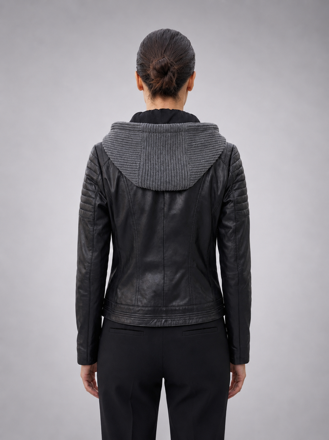 Women Black Leather Jacket With Zip Hood