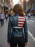 Women Blue Leather Jacket with American Flag