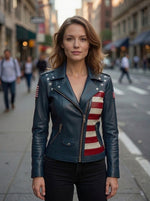Women Blue Leather Jacket with American Flag
