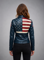 Women Blue Leather Jacket with American Flag