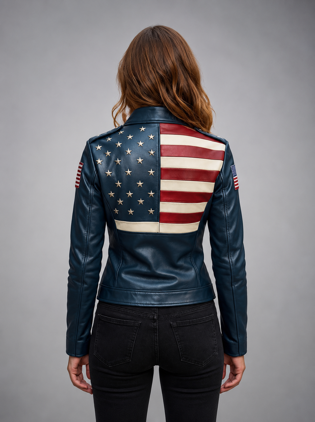 Women Blue Leather Jacket with American Flag