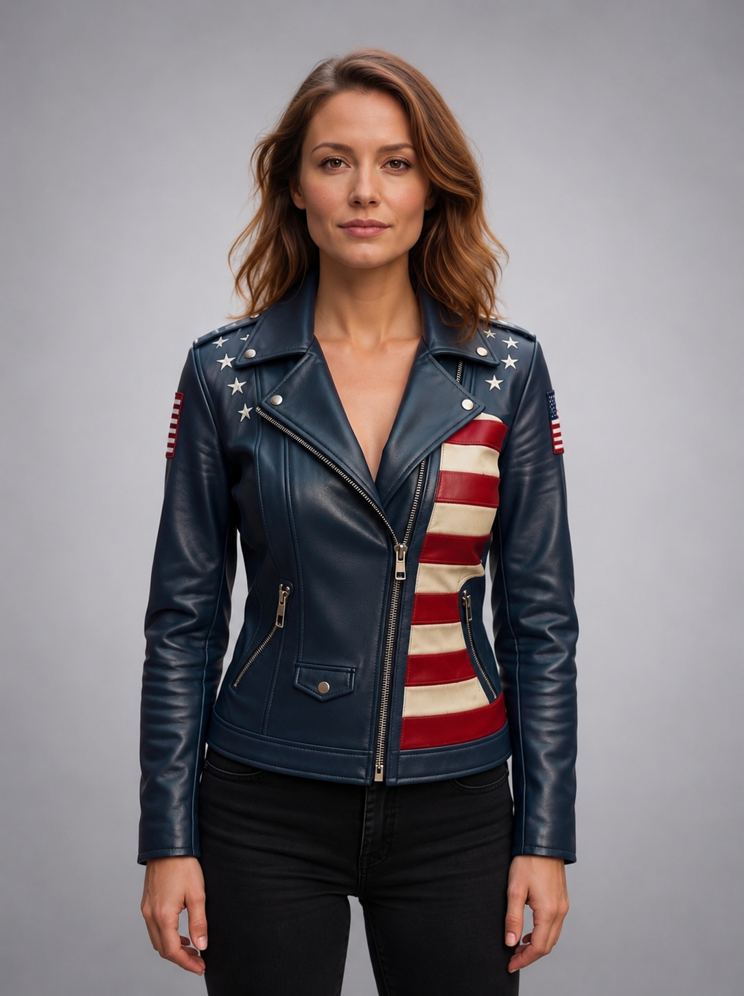 Women Blue Leather Jacket with American Flag