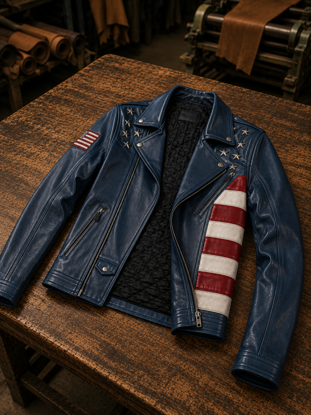 Women Blue Leather Jacket with American Flag