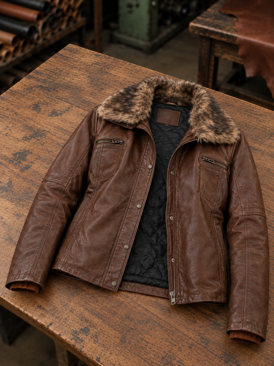 Women Brown Leather Jacket With Orignal Fur Collar