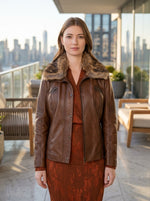 Women Brown Leather Jacket With Orignal Fur Collar