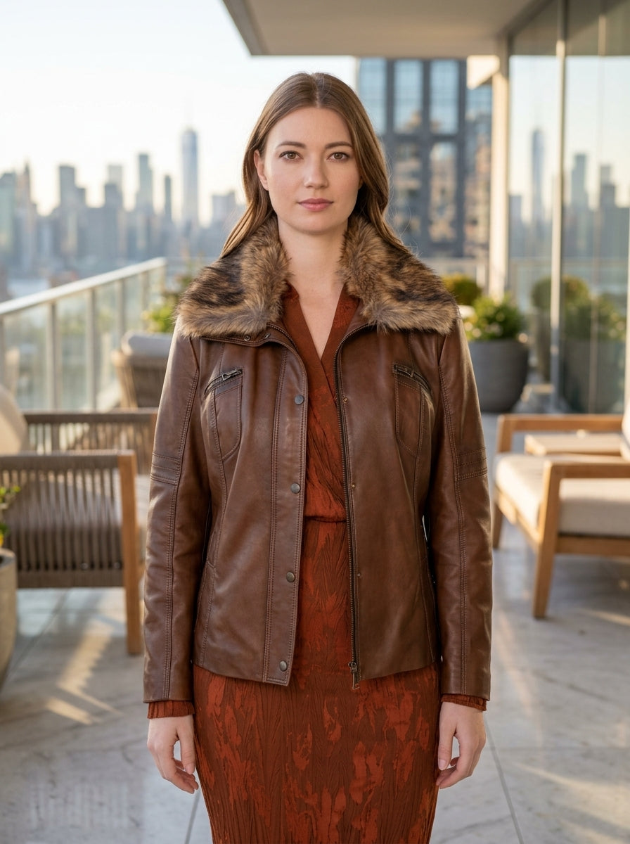 Women Brown Leather Jacket With Orignal Fur Collar