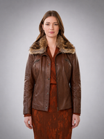 Women Brown Leather Jacket With Orignal Fur Collar