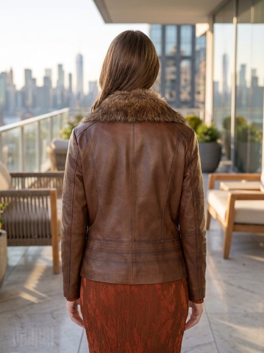 Women Brown Leather Jacket With Orignal Fur Collar
