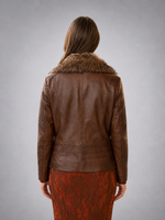 Women Brown Leather Jacket With Orignal Fur Collar