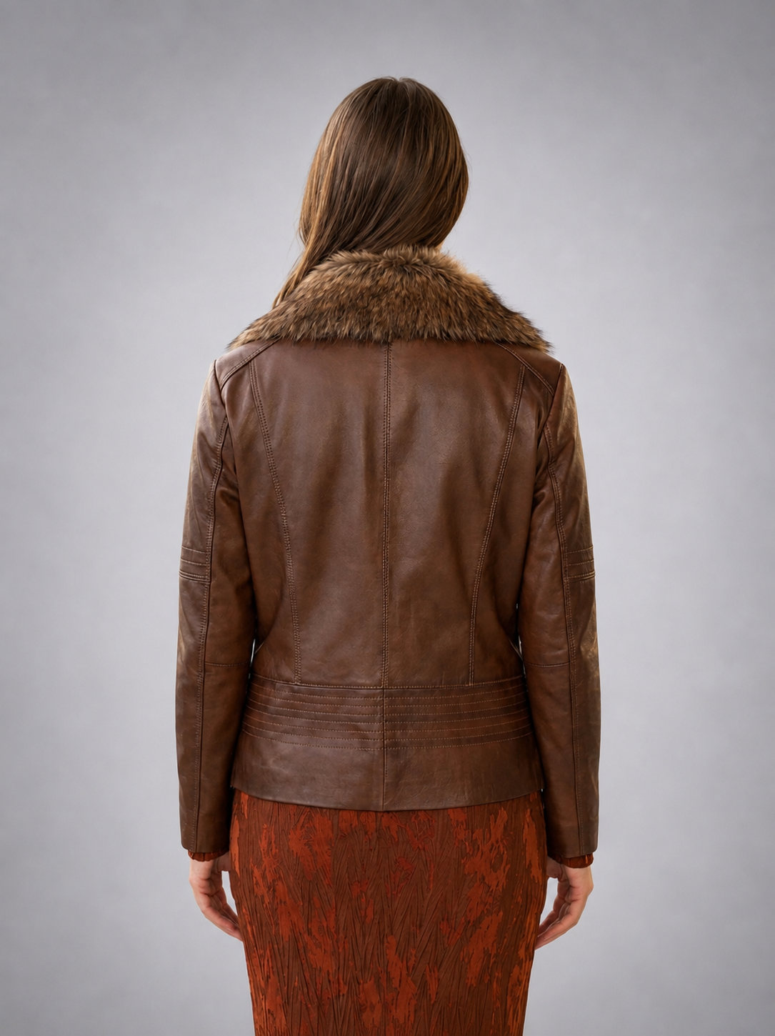 Women Brown Leather Jacket With Orignal Fur Collar
