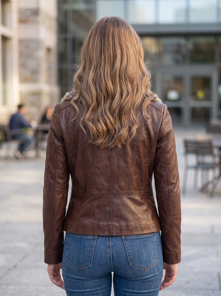 Women Dark Brown Chestnut Leather Jacket with Fur Collar