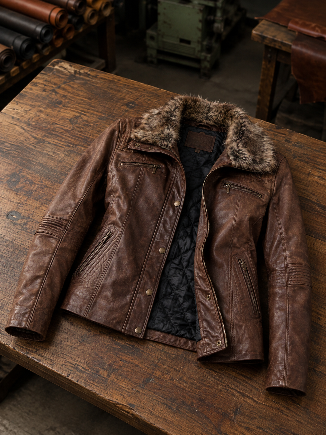 Women Dark Brown Chestnut Leather Jacket with Fur Collar