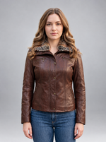 Women Dark Brown Chestnut Leather Jacket with Fur Collar