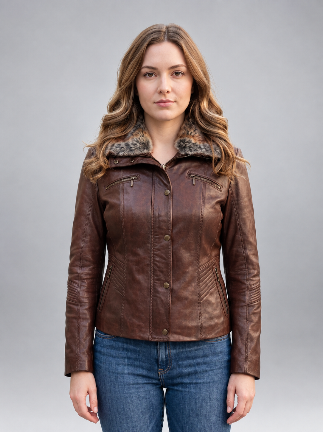 Women Dark Brown Chestnut Leather Jacket with Fur Collar