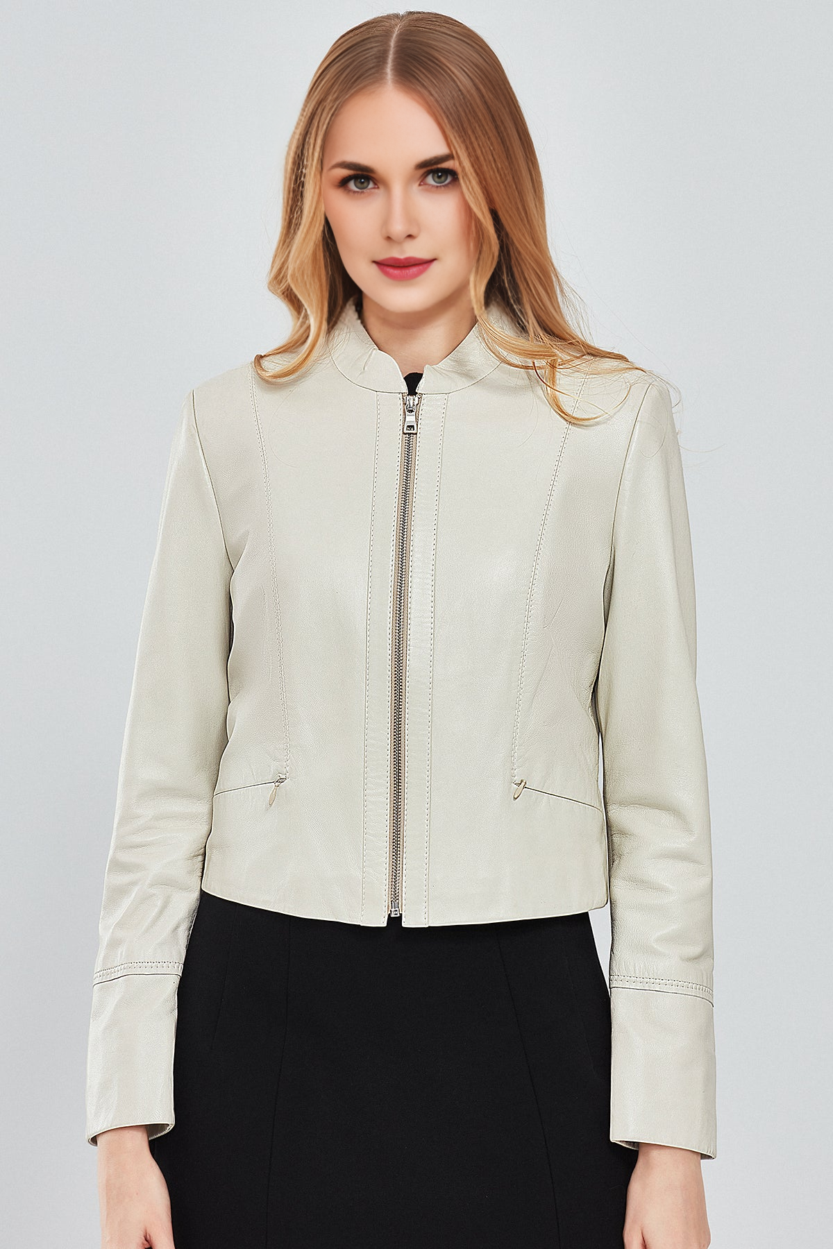 Women Short Beige Leather Jacket