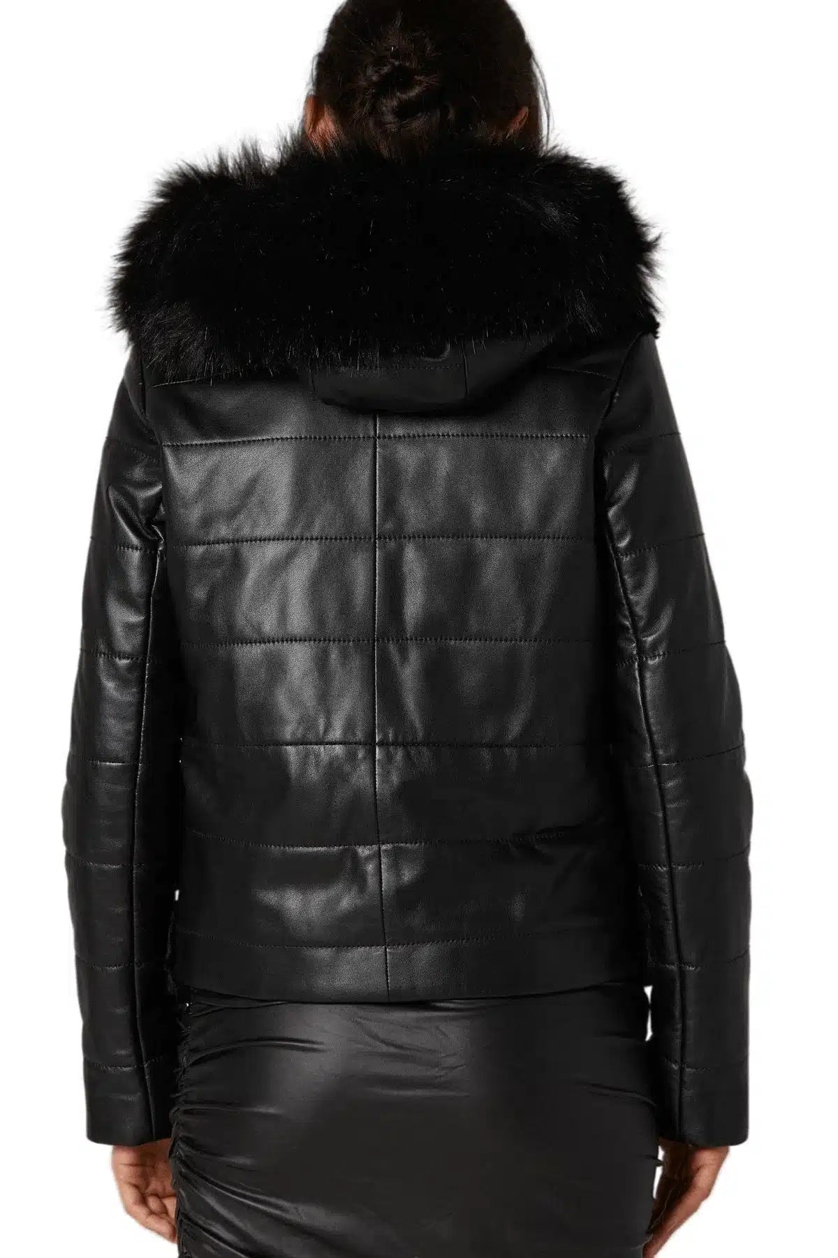 Kinsley Black Women Front Fur Leather Jacket With Hood